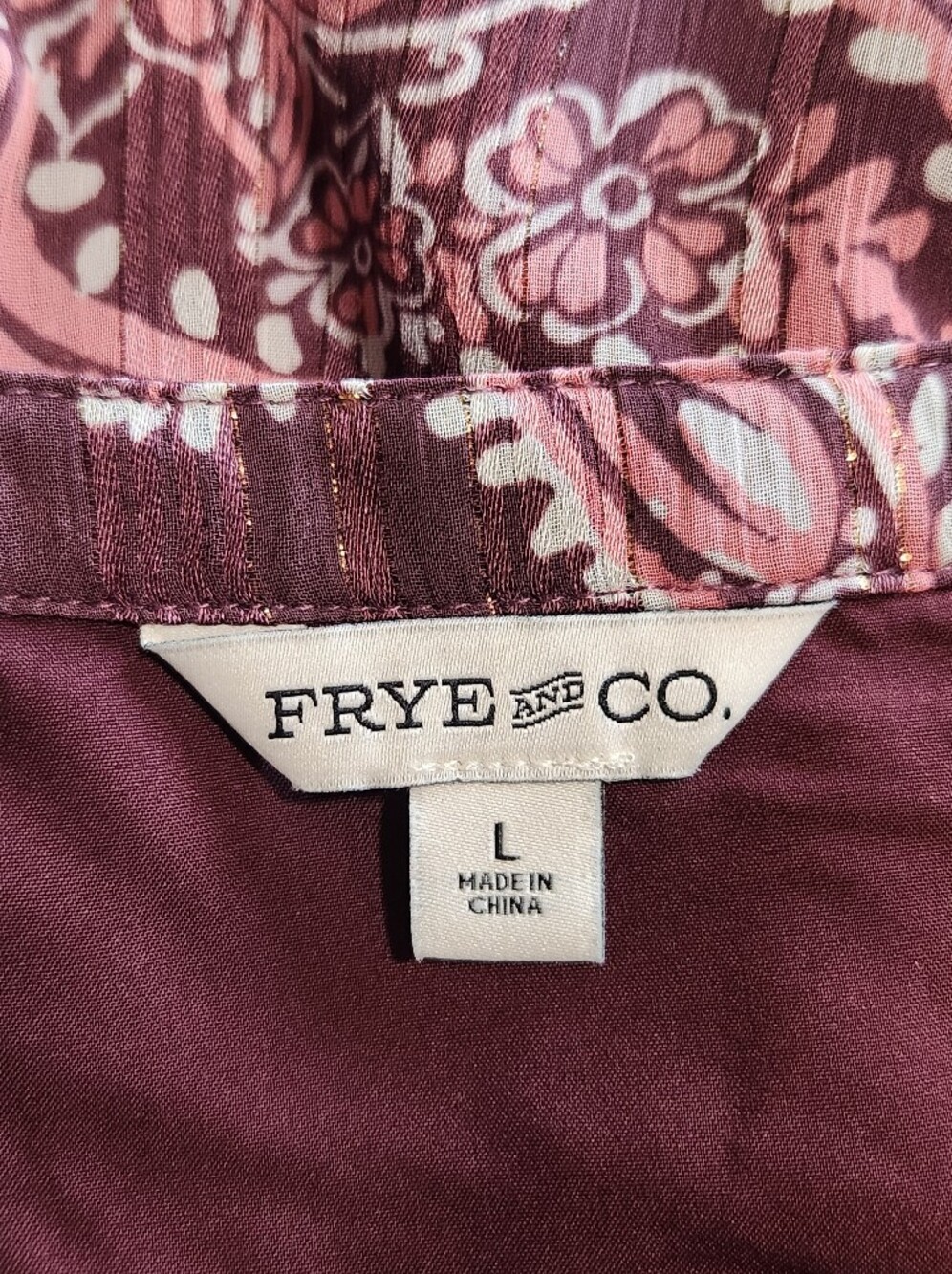 FRYE AND CO. Burgundy and Pink Paisley Ruffle V-Neck Blouse Size Large EUC - Picture 4 of 6